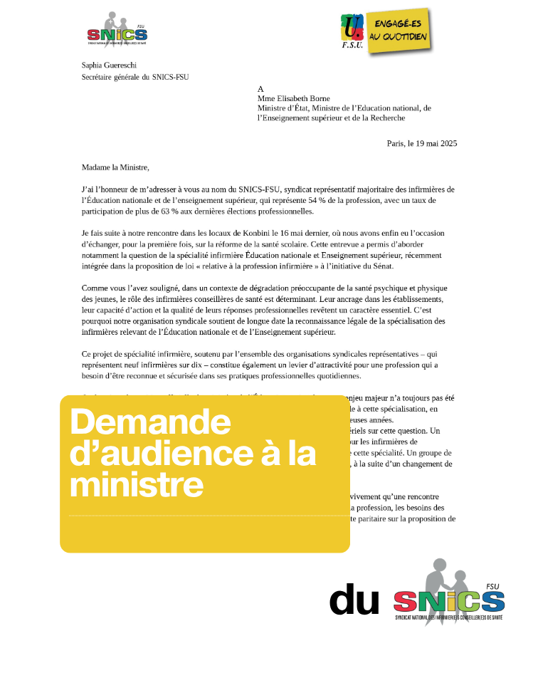 Demande d’audience MEN concernant la spécialité infirmière Éducation nationale
