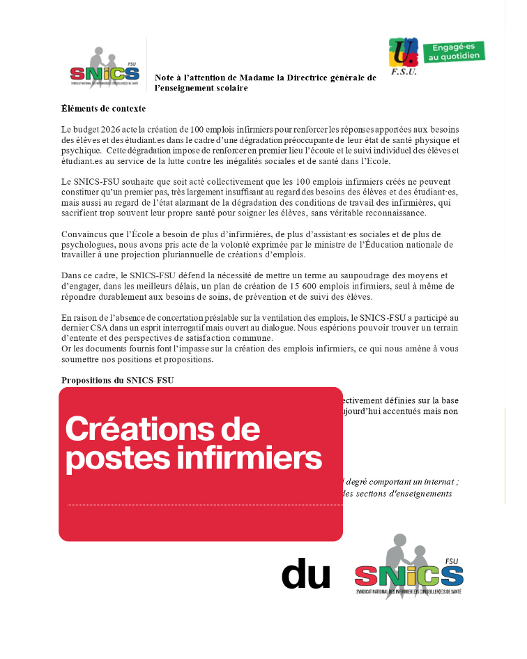 Créations de postes : Le SNICS-FSU interpelle la directrice de l'enseignement scolaire !
