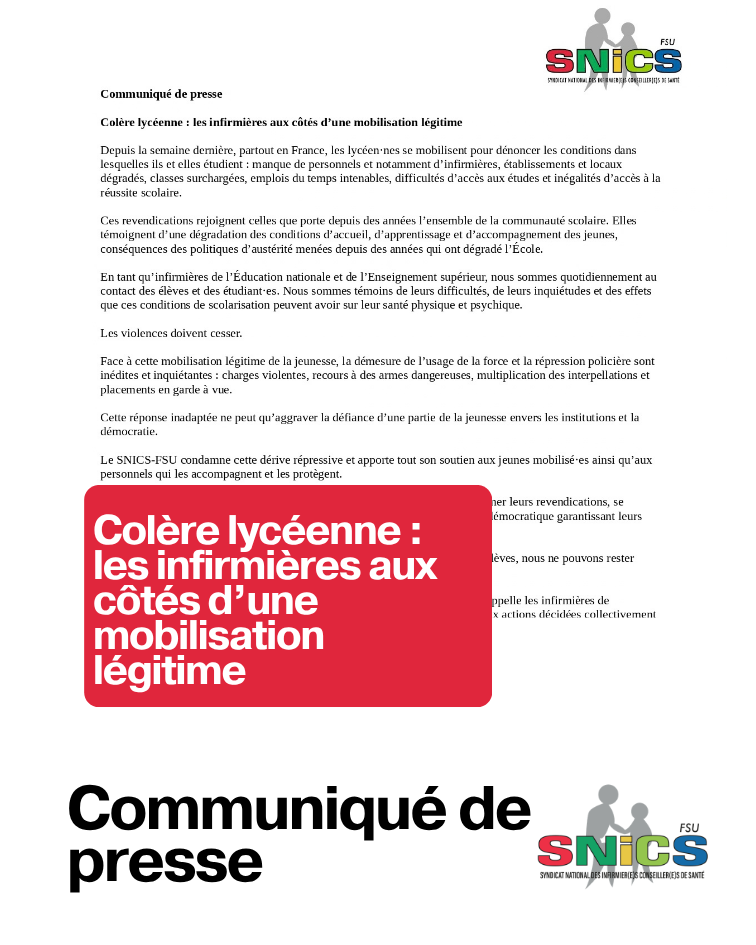 Colère lycéenne : les infirmières aux côtés d’une mobilisation légitime